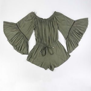 Elan Green Ruffle Bell Sleeve Tie Waist Swim Cover Beach Spring Break Blouse Top